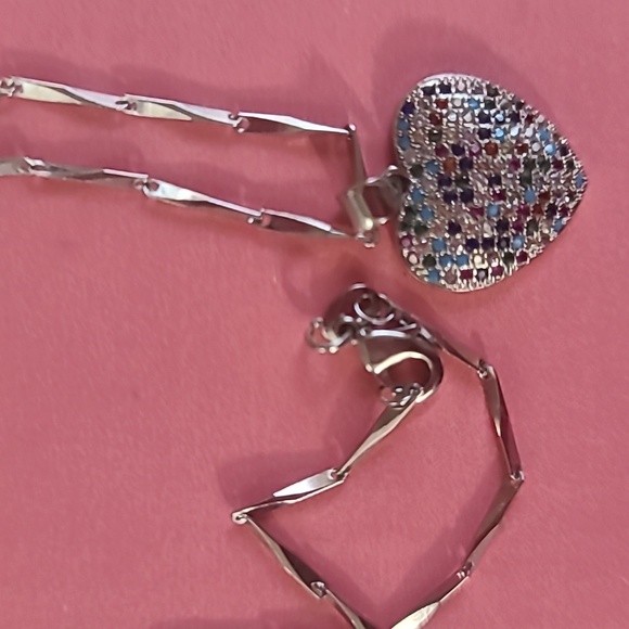 Silver Tone Heart Necklace with Colorful Crystal Heart, 17 Inch Chain - Picture 3 of 4